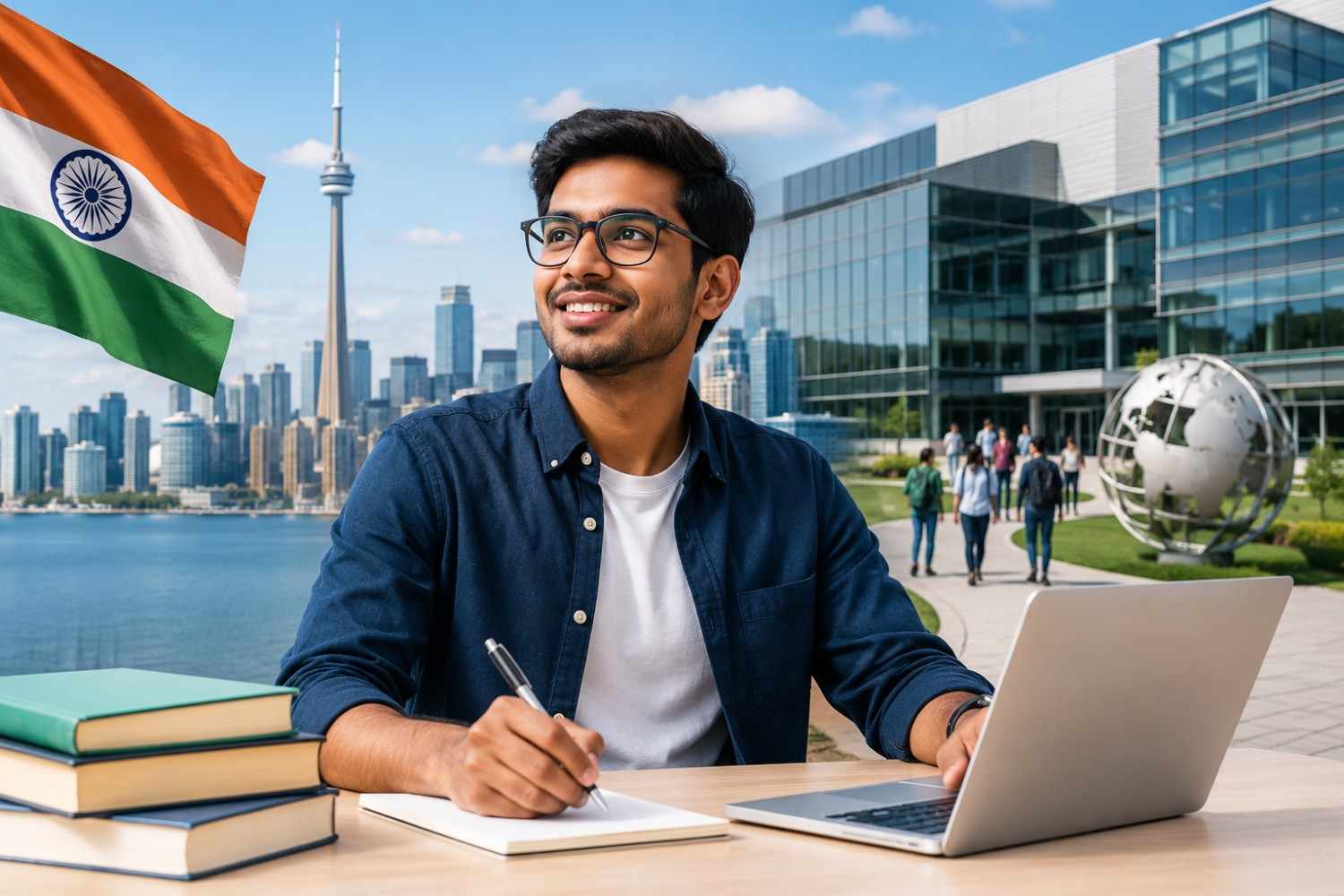 Indian applicant preparing for the Schulich MBA in Toronto with campus and Canadian city skyline in the background.